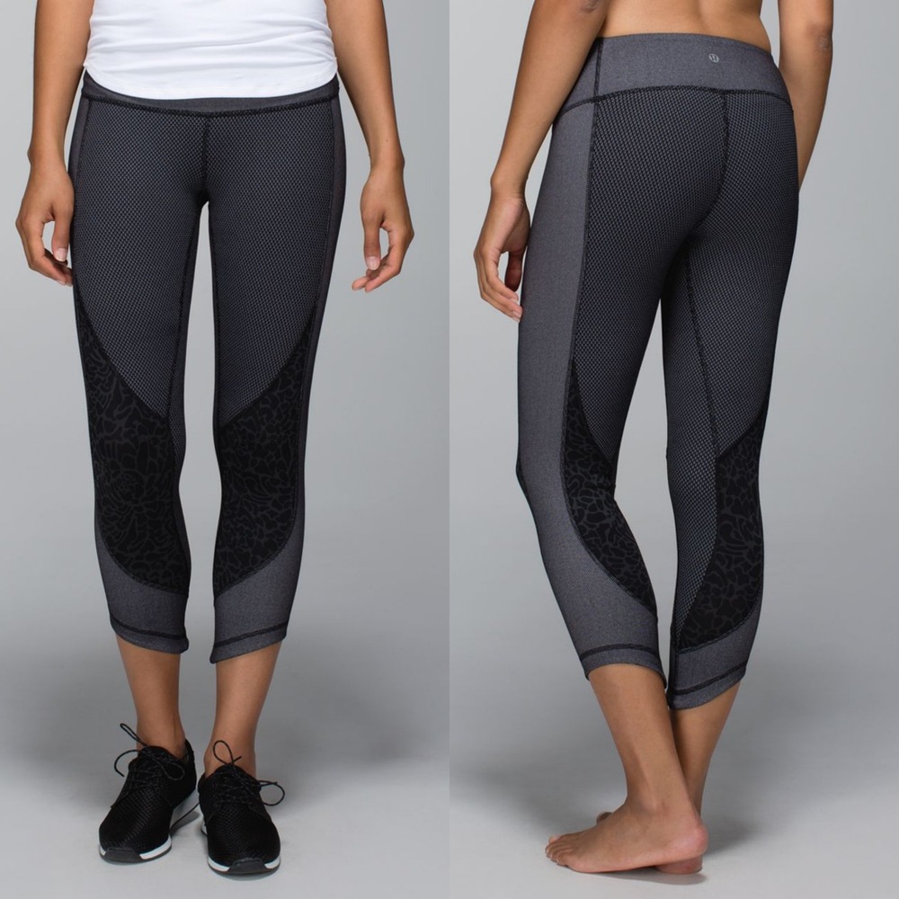 Lululemon Wunder Under Crop Sashiko Gym‎ Yoga Capri Leggings Size 10 Black Gray